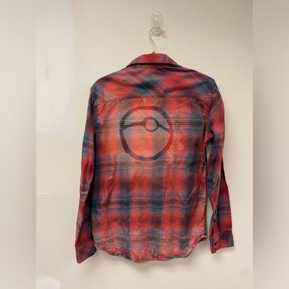 RVCA Bleached Red Chameleon Pokémon Pokeball Flannel Handmade Mens S - Picture 5 of 6